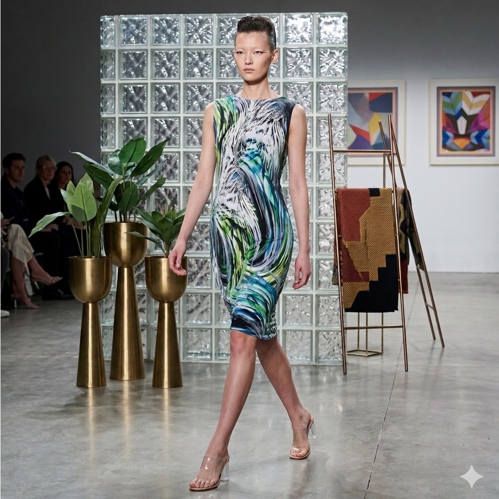 Vintage ESCADA Sport 00s Y2K “Fantasy” Draped Midi Tube Dress XS 32 Blue Green